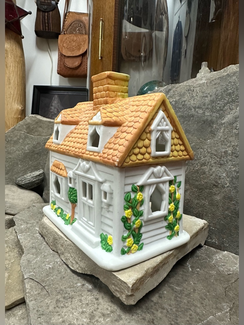 Ceramic Cottage Home with Roses Candle Holder/Decor